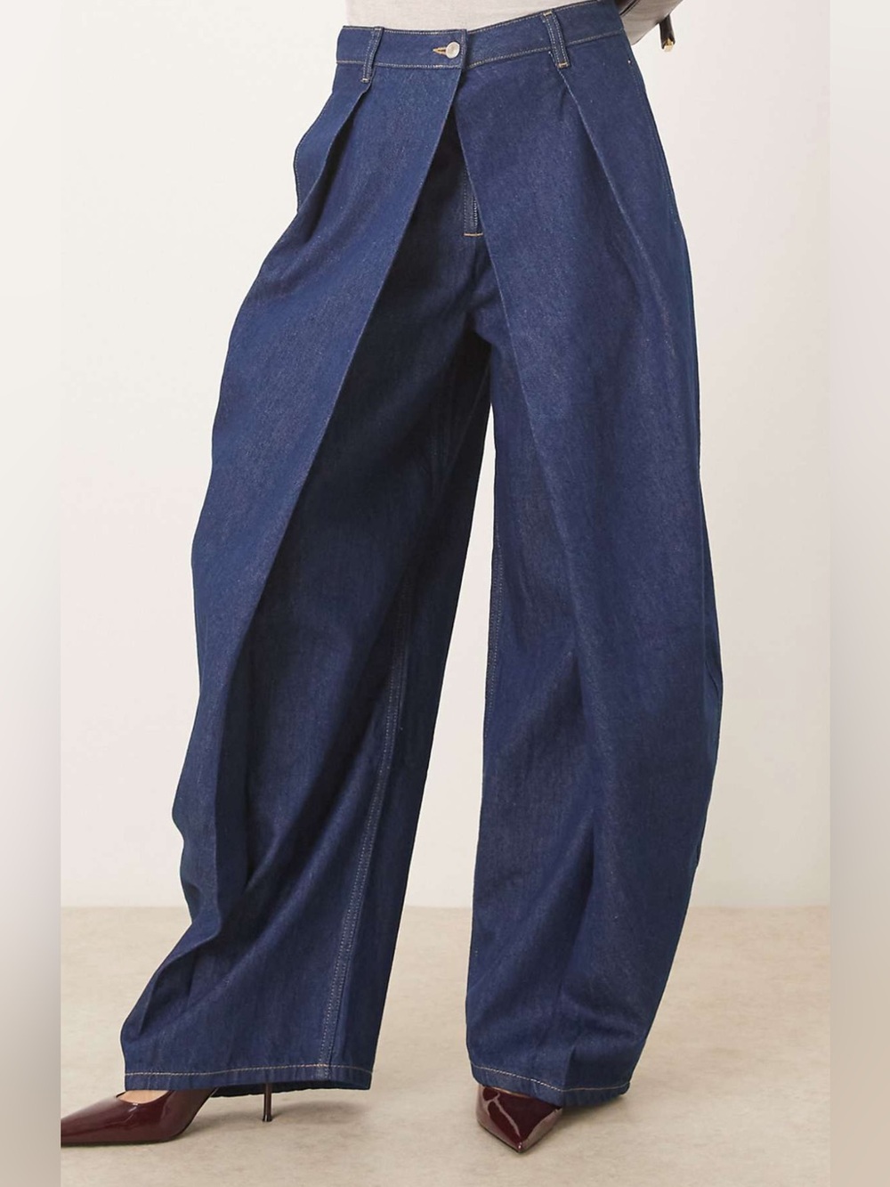 ASOS Dark Blue Wide-Leg High-Waist Pleated Jeans